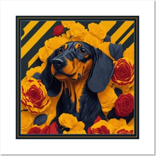 Dogs, dachshund and flowers, dog, style vector (yellow version 2 dachshund) Posters and Art